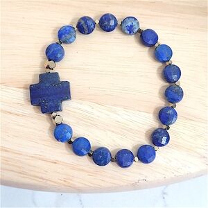 Hand Crafted Lapis Cross Bracelet Blue Faceted Coin Titanium Pyrite Size 7.5 In